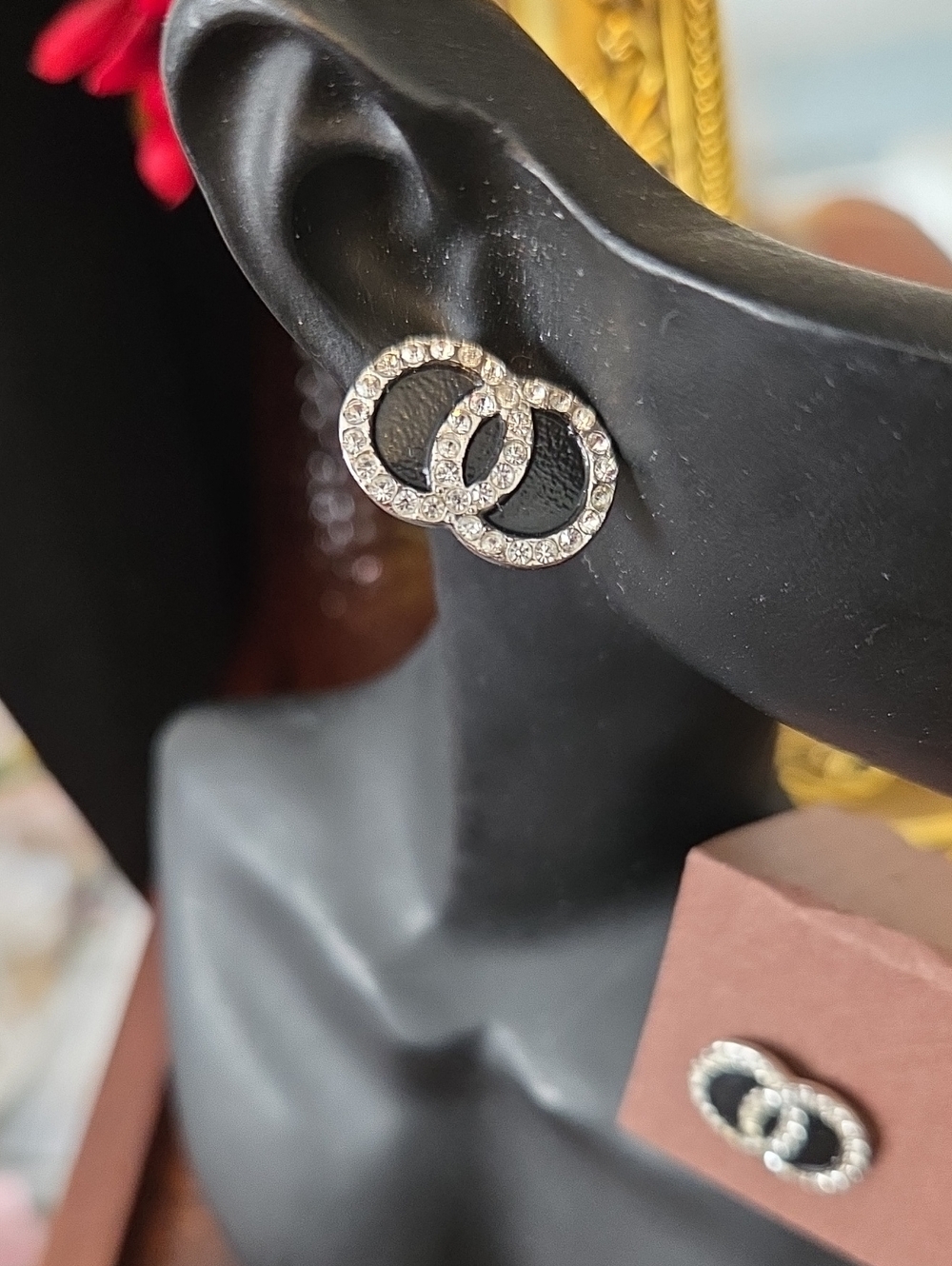 Silver Crystal Double-Hoop With Black Enamel Stud Earrings